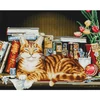 Obraz 1/18 - Diamantové mozaikové puzzle, na napnutom plátne, 40x50 cm - Mačka na regáli na knihy