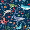 Patchworková tkanina - Makower - Deep Blue Sea 137/B8 Creatures dark blue
