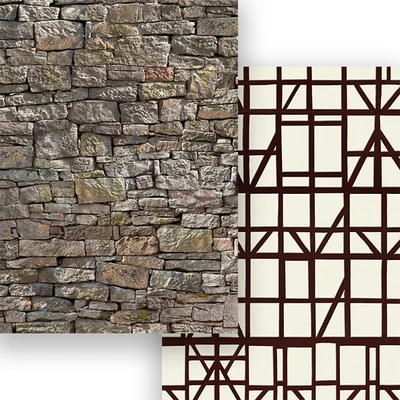 Fotokartón, 50x70 cm - Kamenná stena, drevená konštrukcia domu