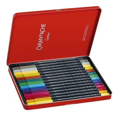 Štetcový popisovač Caran d&#039;Ache Fibralo set - 15 ks, kovová krabička