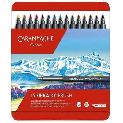 Štetcový popisovač Caran d'Ache Fibralo set - 15 ks, kovová krabička