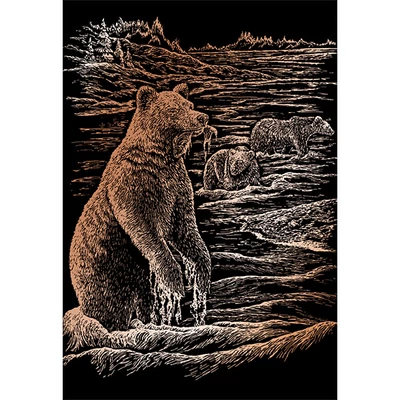 Sada na gravírovanie obrázkov s rysovacou ihlou, 20x25 cm - Medvedíky grizzly, medená