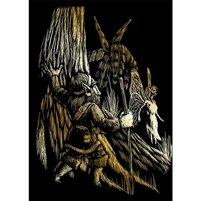 Sada na gravírovanie obrázkov s rysovacou ihlou, 12x18 cm - Gnóm a víla, zlatá