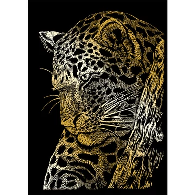 Sada na gravírovanie obrázkov s rysovacou ihlou, 12x18 cm - Leopard, zlatá