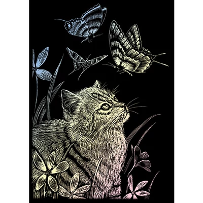 Sada na gravírovanie obrázkov s rysovacou ihlou, 12x18 cm - Mačiatko a motýľ, holografická