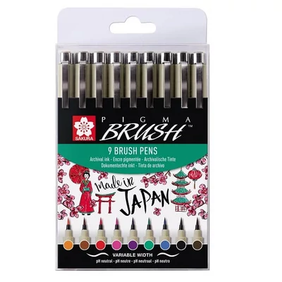 Sada štetcových popisovačov Sakura Pigma Brush, 9 ks