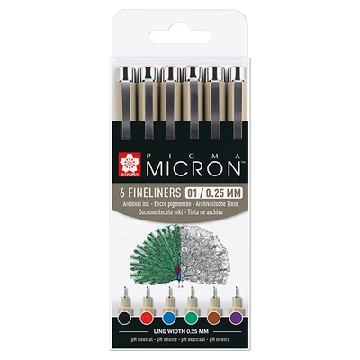 Sada technických pier Sakura Pigma Micron 01 - 6 ks, základné farby