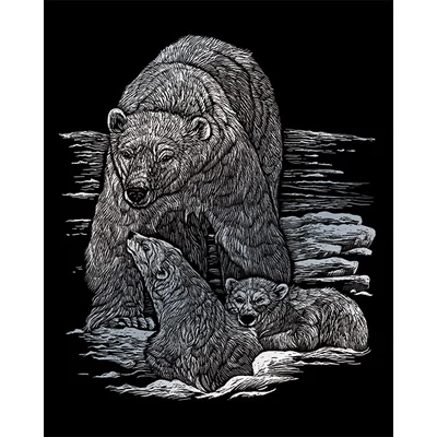 Sada na gravírovanie obrázkov s rysovacou ihlou, 20x25 cm - Ľadové medvede, strieborná