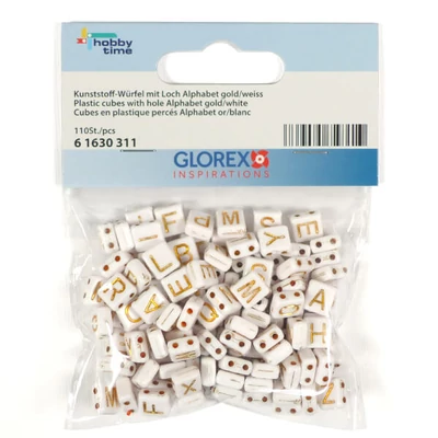 Plastové písmenkové koráliky, 7x8 mm - bielo-zlaté, dve dierky