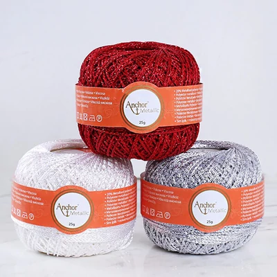 Háčkovacia sada, Anchor Metallic - Hviezdy, červená, biela, strieborná