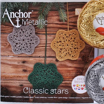 Háčkovacia sada, Anchor Metallic - Hviezdy, zlatá, starostrieborná, zelená,