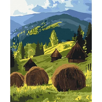 Číslovaná omaľovánka v sade, na napnutom plátne, 40x50 cm - Slnko nad horskou pastvinou