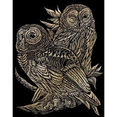 Sada na gravírovanie obrázkov s rysovacou ihlou, 20x25 cm - Sovy, zlatá