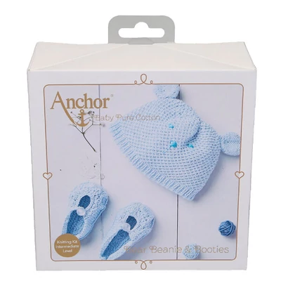 Pletacia sada, Anchor Baby Pure Cotton - Čiapka a topánky, modrá
