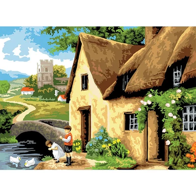 Sada očíslovaných omaľovánok, akrylová farba+štetec, 29x39 cm - Chata pri rieke