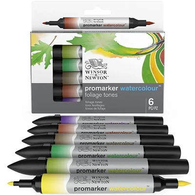 Promarker Watercolour sada akvarelových štetcových popisovačov s obojstranným hrotom – 6 ks, foliage tones