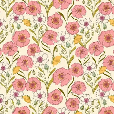 Patchworková tkanina - Makower - Meadow Walk Poppies Cream 1337L