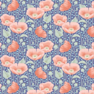 Patchworková tkanina - Tilda Gardenlife - Poppies Blue 100319