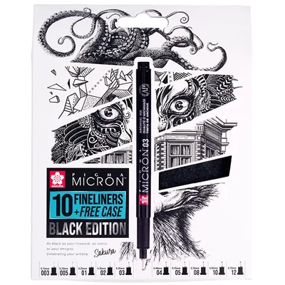 Sada technických kresliacich pier Sakura Pigma Micron - sada 10 ks + peračník, Black Edition