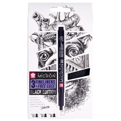 Sada technických kresliacich pier Sakura Pigma Micron - sada 3 ks + peračník, Black Edition