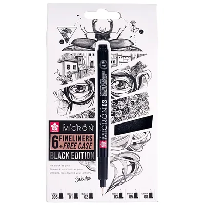 Sada technických kresliacich pier Sakura Pigma Micron - sada 6 ks + peračník, Black Edition