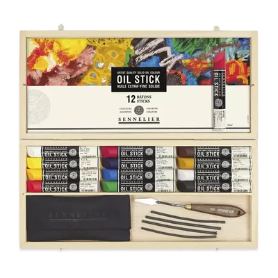 Sennelier Oil Stick sada olejových farieb v tyčinke s príslušenstvom – 12 x 38 ml, v drevenej krabičke