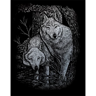 Sada na gravírovanie obrázkov s rysovacou ihlou, 20x25 cm - Vlci, strieborná