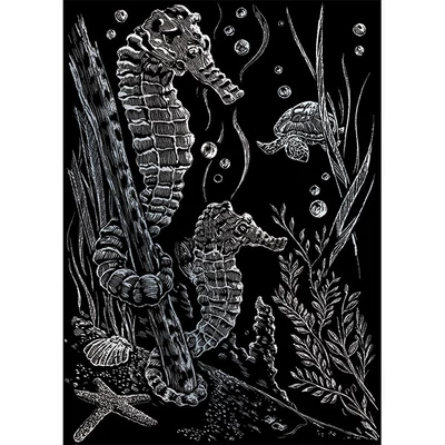 Gravírovacia sada so vrypom, 12x18 cm - Morské koníky, strieborná
