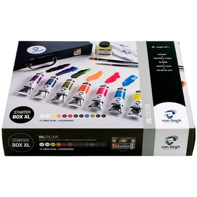 Sada na maľovanie olejovými farbami Talens Van Gogh - Starter Box XL: 12x40 ml + doplnky, v drevenej škatuľke