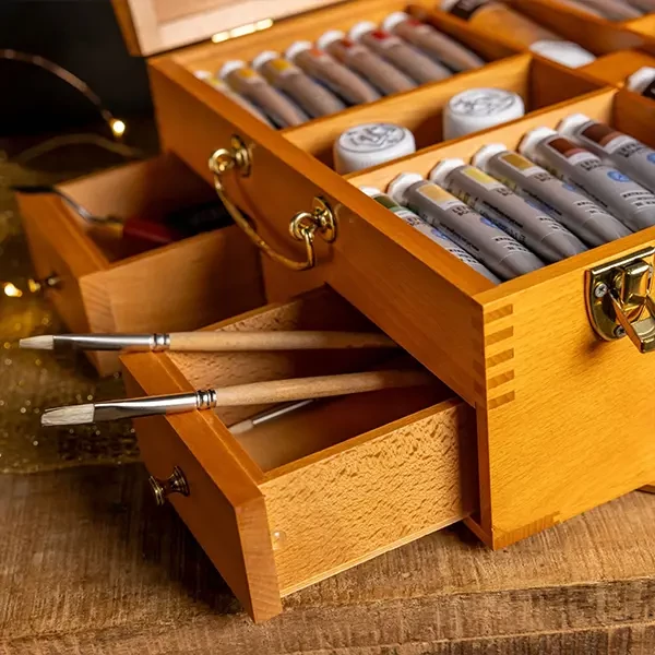 Sada na maľovanie olejovými farbami L&B Fine - Prestige box : 28x20 ml + 4x75 ml + 2x60 ml + príslušenstvo, drevená krabička