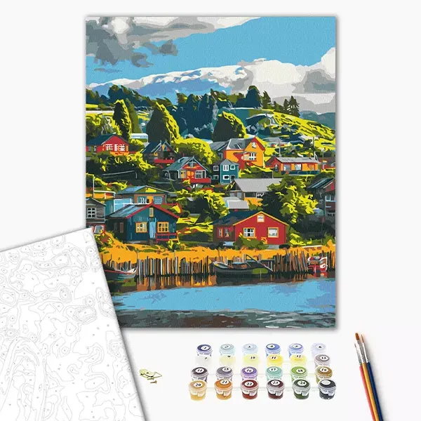 Číslovaná omaľovánka v sade, na napnutom plátne, 40x50 cm - Farebná dedina