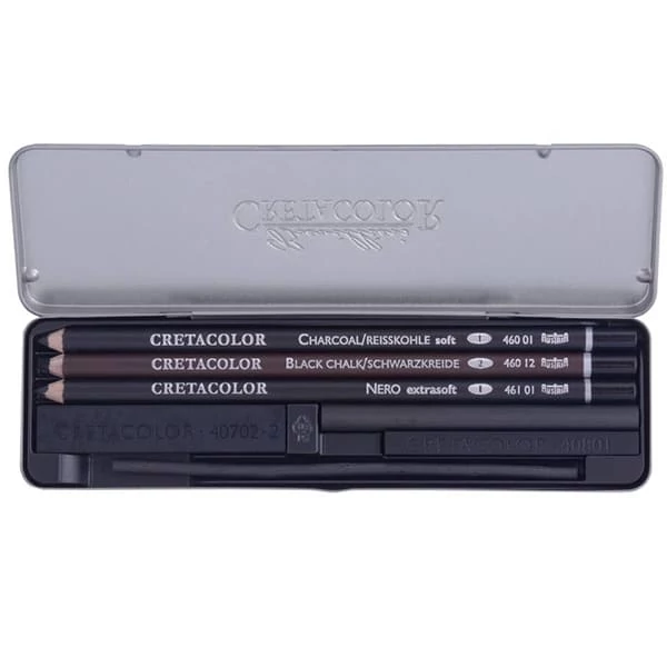 Sada uhlia na kreslenie Cretacolor Charcoal Pocket Set Sada, 8 kusov, v kovovej krabičke