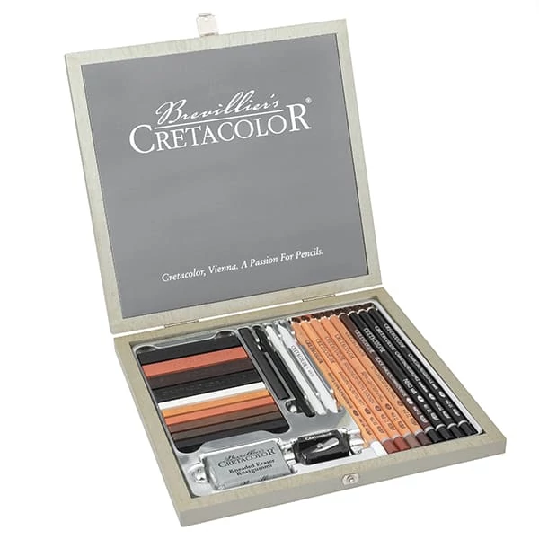Kresliaci a skicovací set Cretacolor Passion Box, 25 kusov, v drevenej krabičke