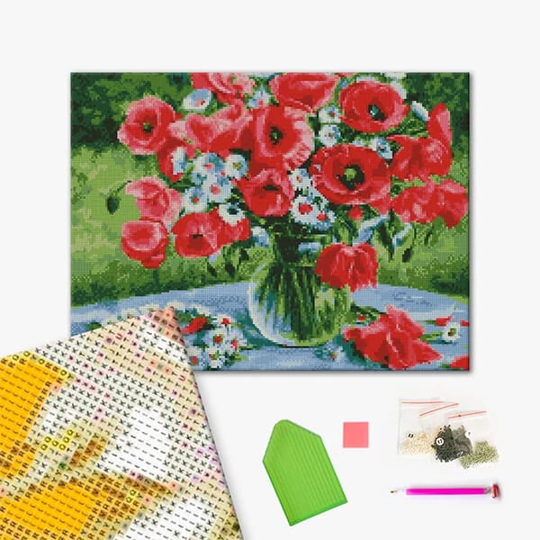 Diamantové mozaikové puzzle, na napnutom plátne, 40x50 cm - Maky s margarétkovým vencom