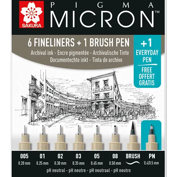 Sada technických pier, štetcových popisovačov a extra tenkých popisovačov Sakura Pigma Micron - 6+1+1 ks