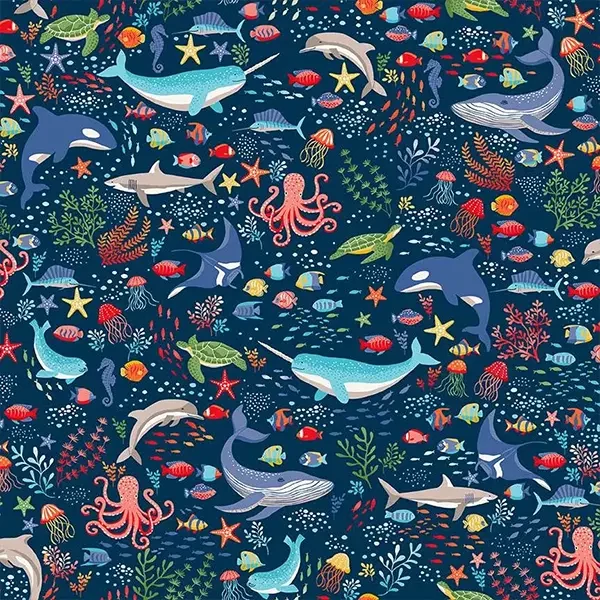 Patchworková tkanina - Makower - Deep Blue Sea 137/B8 Creatures dark blue
