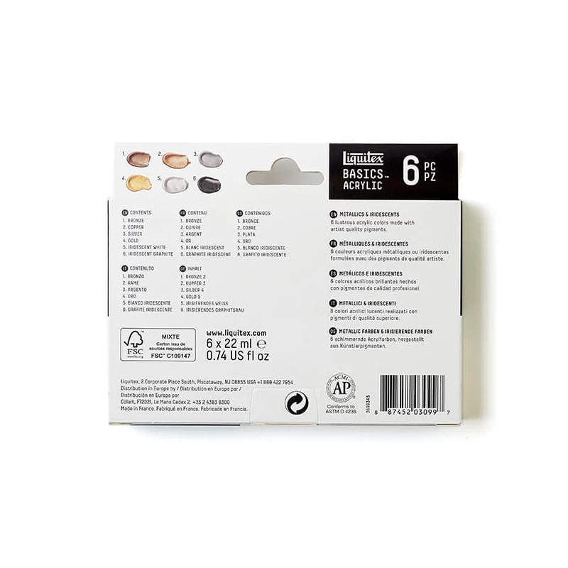 Sada akrylových farieb Liquitex Basics - 6x22 ml, v metalických a dúhových farbách