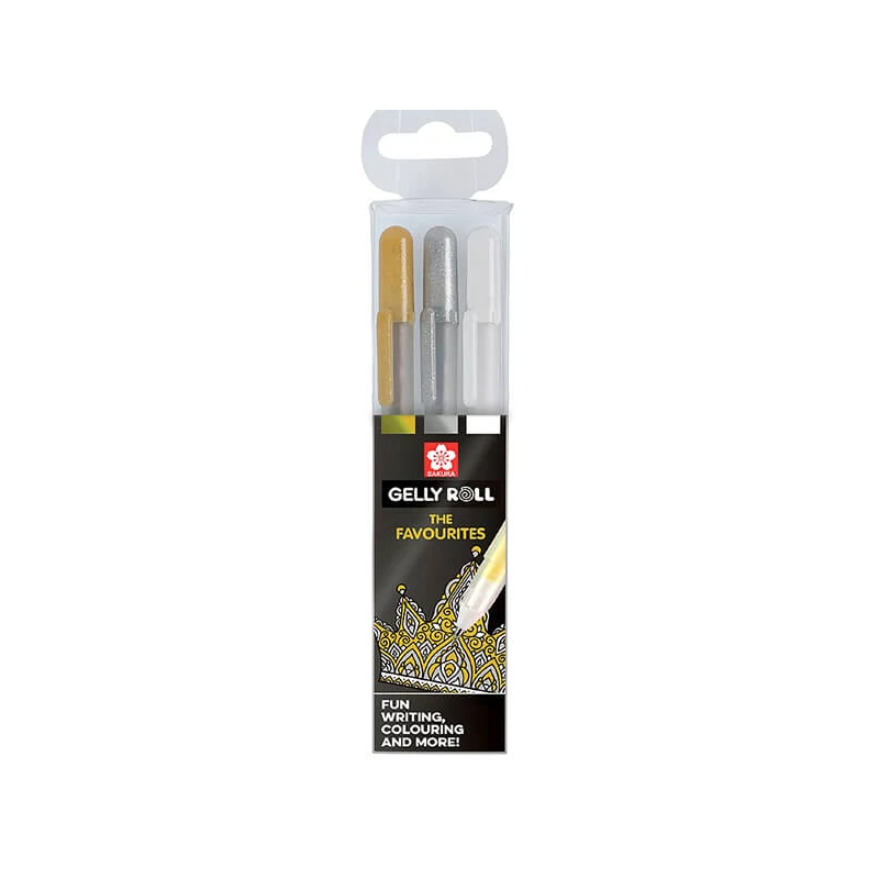 Sada gélových pier Sakura Gelly Roll - 3 ks (zlatá, strieborná, biela)