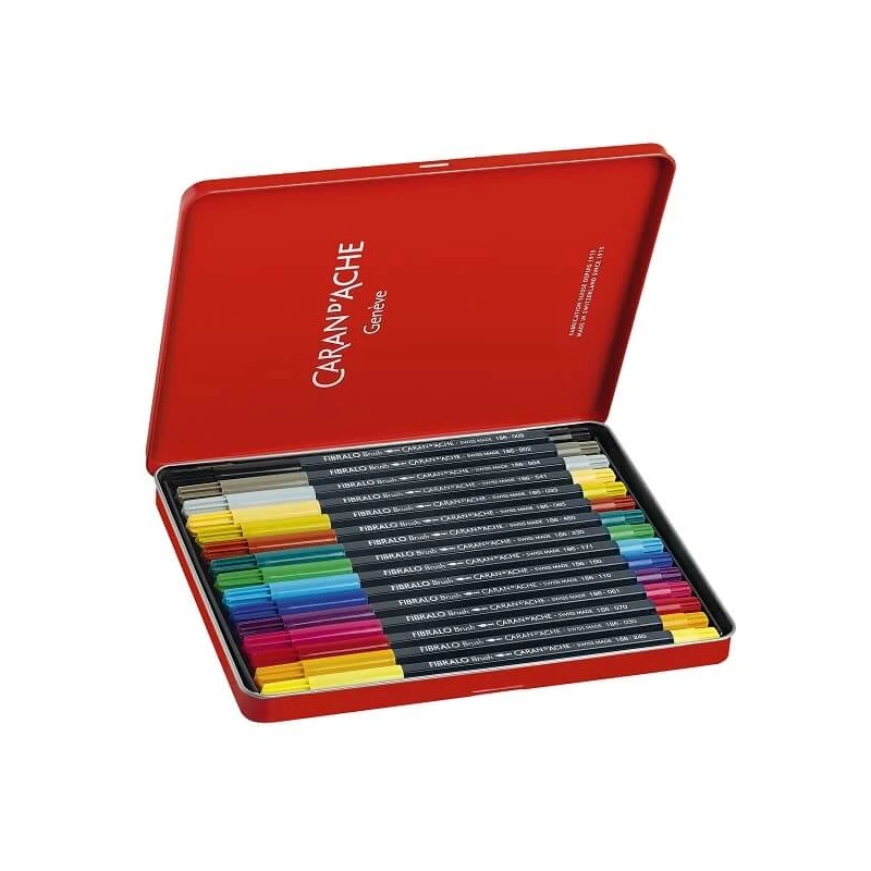 Štetcový popisovač Caran d'Ache Fibralo set - 15 ks, kovová krabička