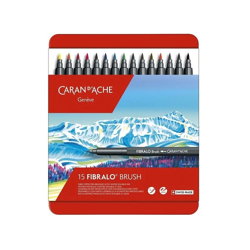 Štetcový popisovač Caran d'Ache Fibralo set - 15 ks, kovová krabička