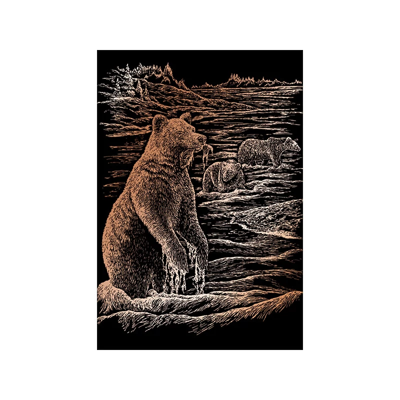 Sada na gravírovanie obrázkov s rysovacou ihlou, 20x25 cm - Medvedíky grizzly, medená