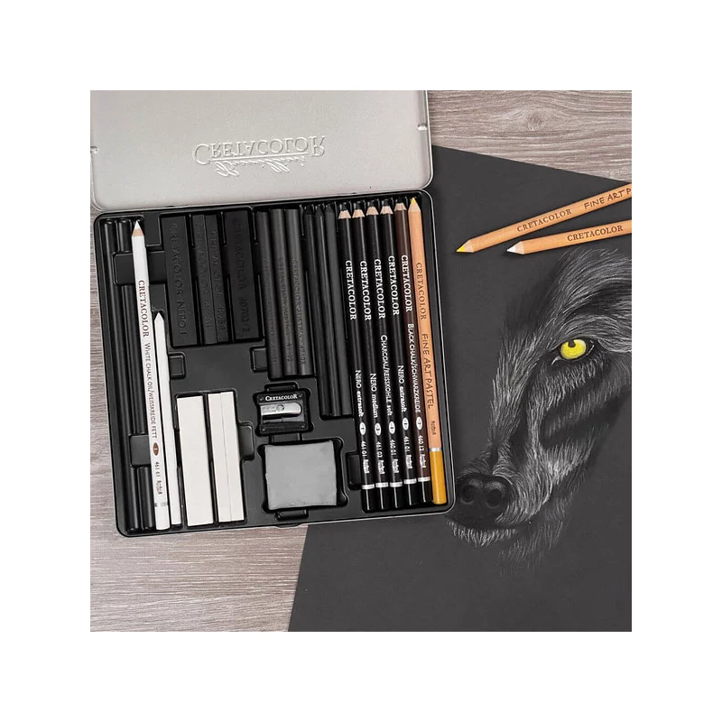 Čiernobiela sada na kreslenie Cretacolor Wolf Box, 25 kusov, v kovovej krabičke