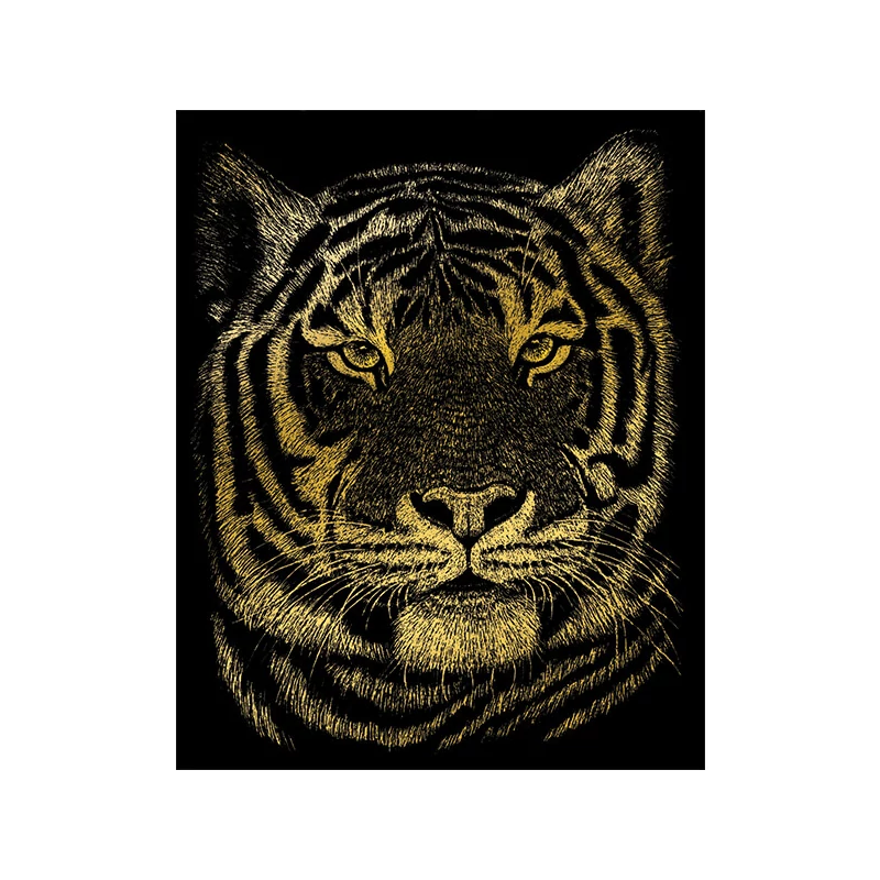 Sada na gravírovanie obrázkov s rysovacou ihlou, 20x25 cm - tiger bengálsky, zlatá