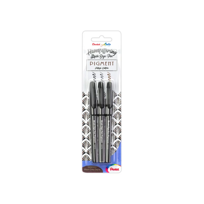 Sada štetcových popisovačov Pentel Brush Sign Pen Pigment, 3 ks (sépiová, sivá, čierna)