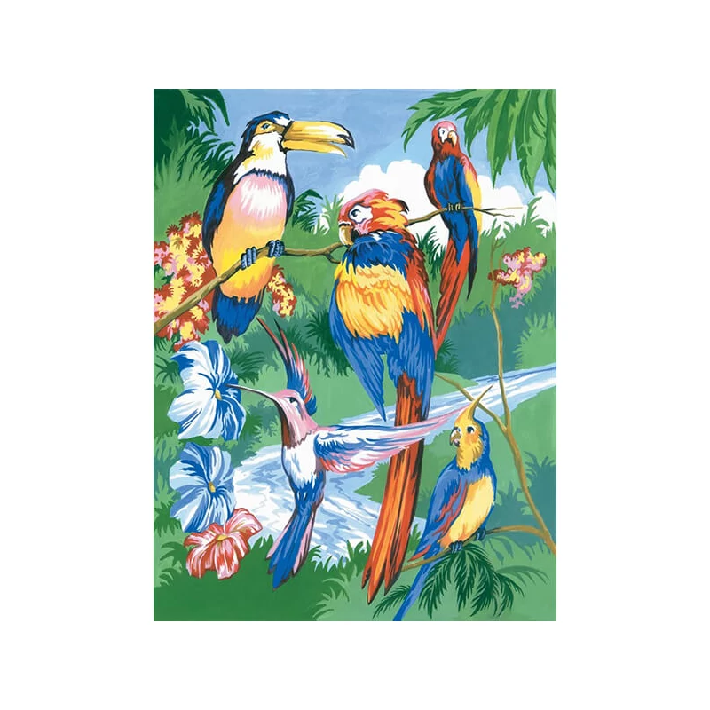 Sada očíslovaných omaľovánok, akrylová farba+štetec, 22x30 cm - Exotické vtáčiky