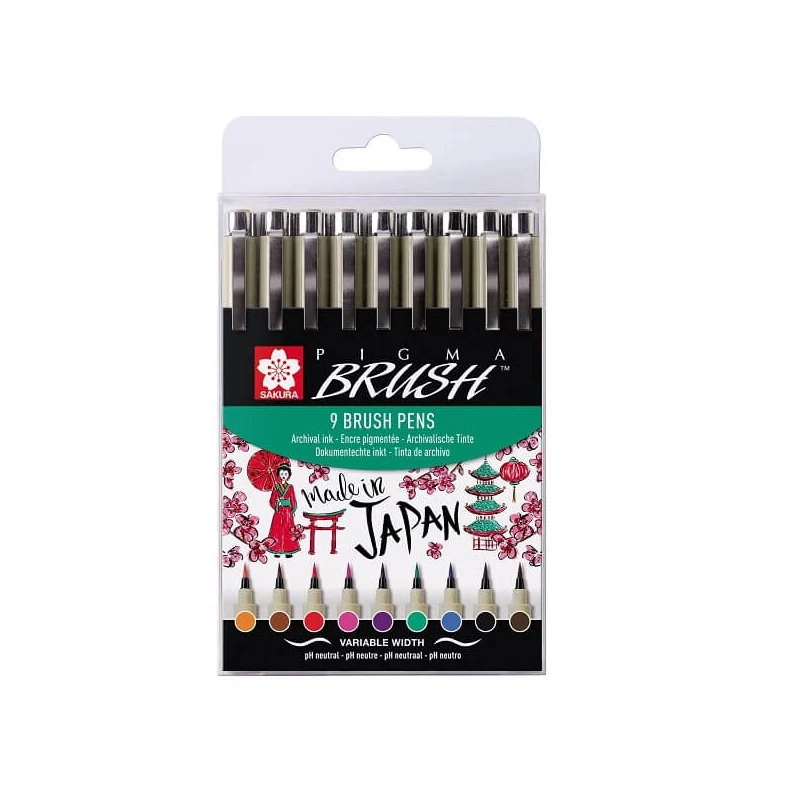 Sada štetcových popisovačov Sakura Pigma Brush, 9 ks