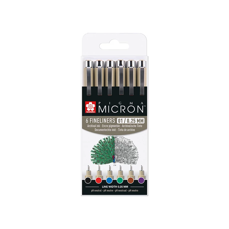 Sada technických pier Sakura Pigma Micron 01 - 6 ks, základné farby