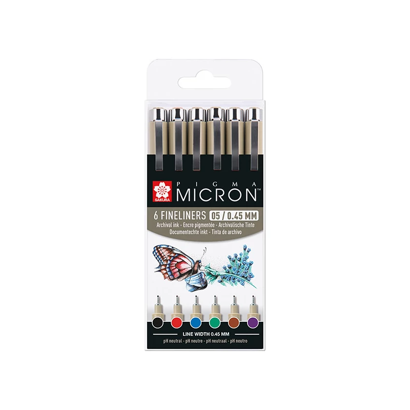 Sada technických pier Sakura Pigma Micron 05 - 6 ks, základné farby