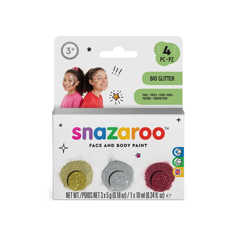 Sada trblietavých práškov s fixačným gélom Snazaroo Bio Glitter Fine