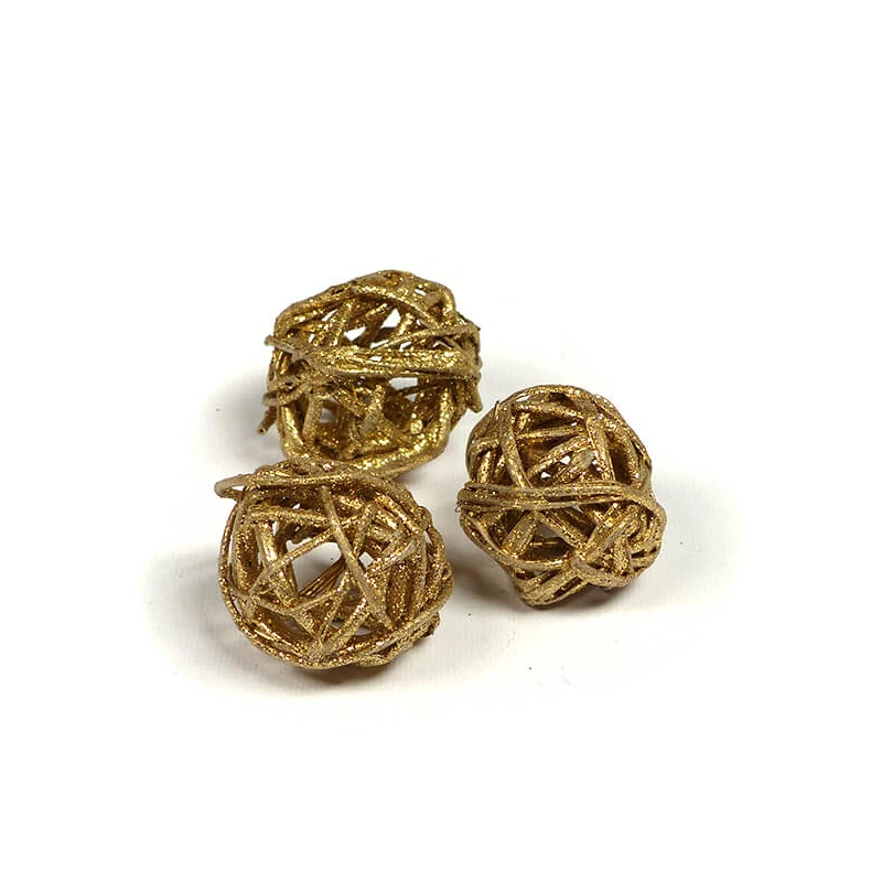 Suché plody - Loptička z prútikov, trblietavá zlatá metalíza, 3 cm, 3 ks